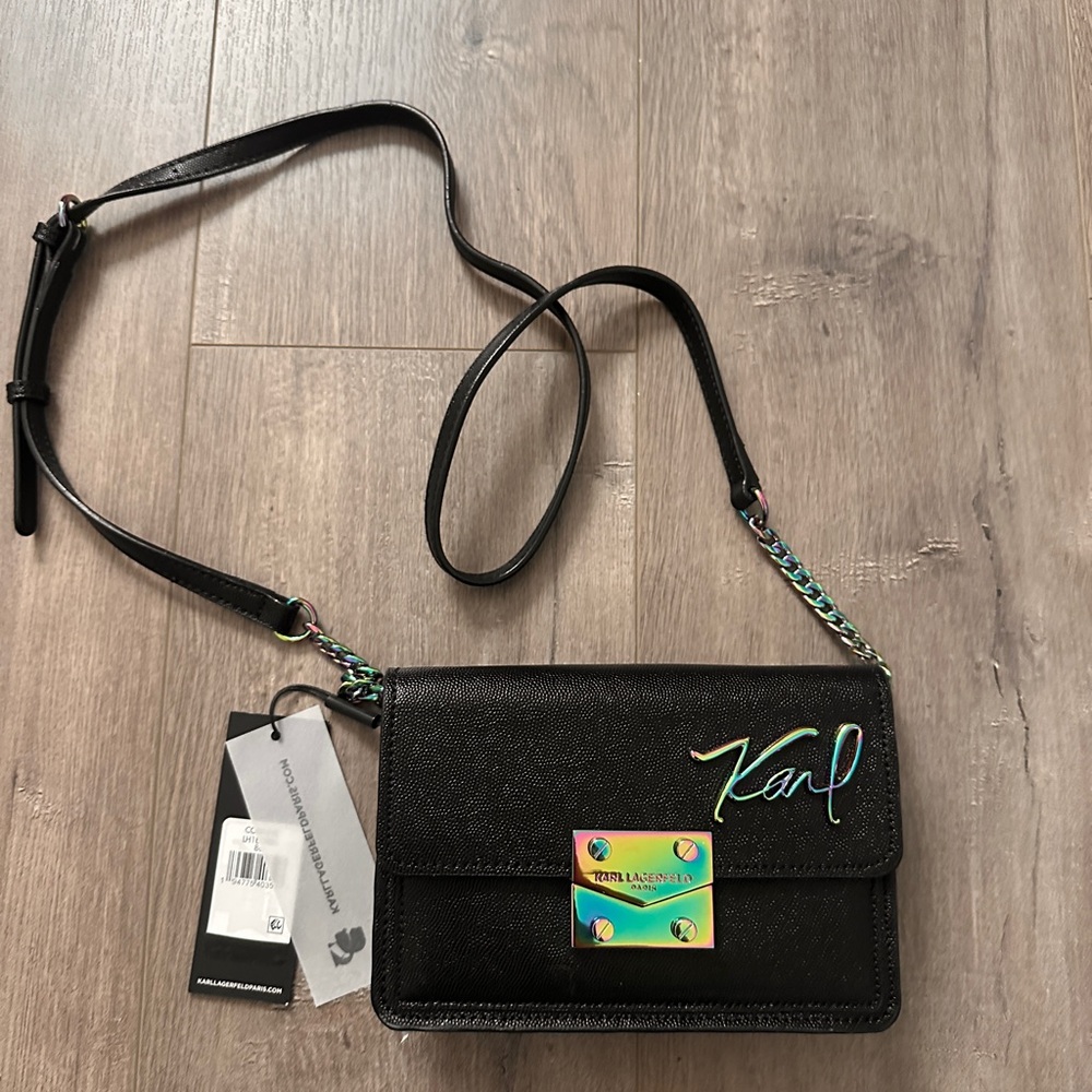 Karl Lagerfeld Black Crossbody with Iridescent Hardware Accent